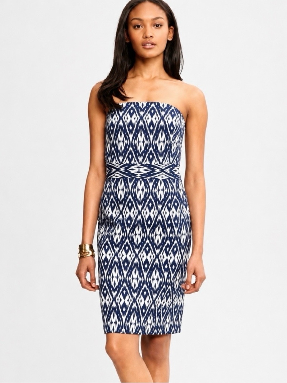 Banana Republic Navy Blue White Ikat Print Strapless Dress 4 Quiet Luxury